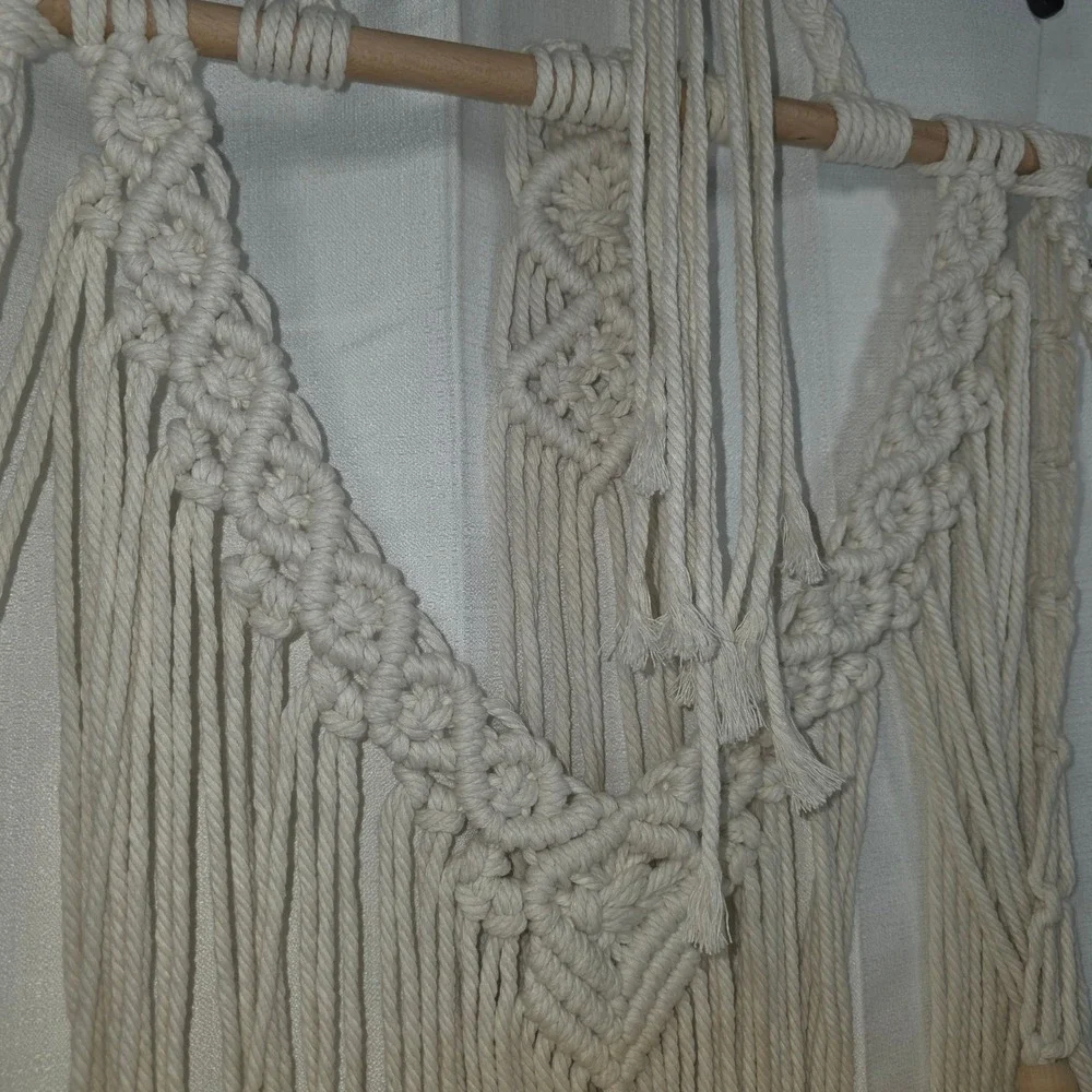 Boho Macrame Wall Hanging Shelf 2 Tier Wood Floating Plant Hanger Cream Cotton